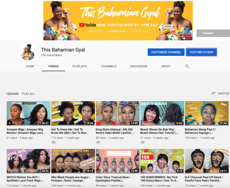 The homepage for This Bahamian Gyal's YouTube channel.