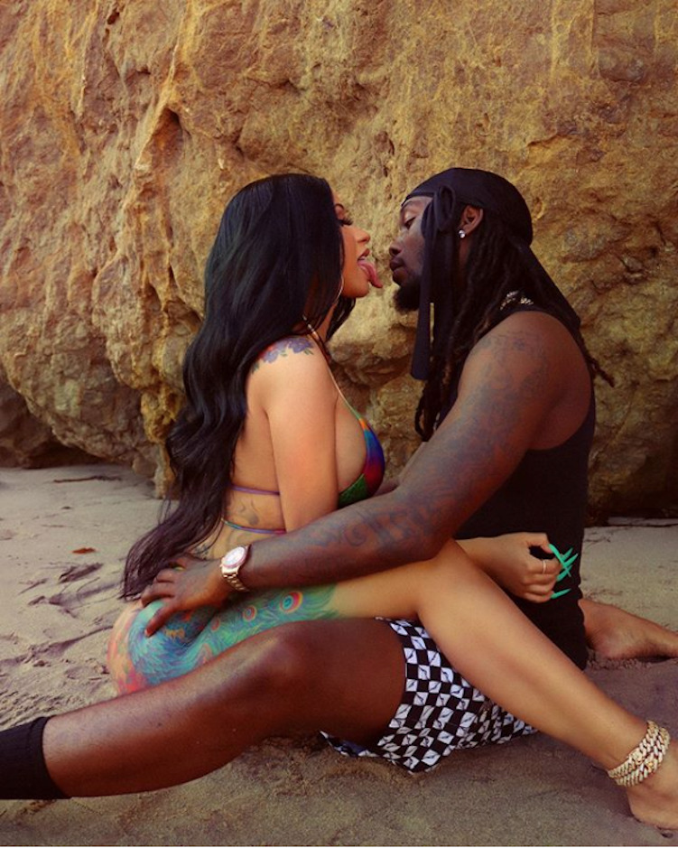 Photo of rappers Cardi B and her soon-to-be-ex-husband, Offset as they kiss on the beach.
