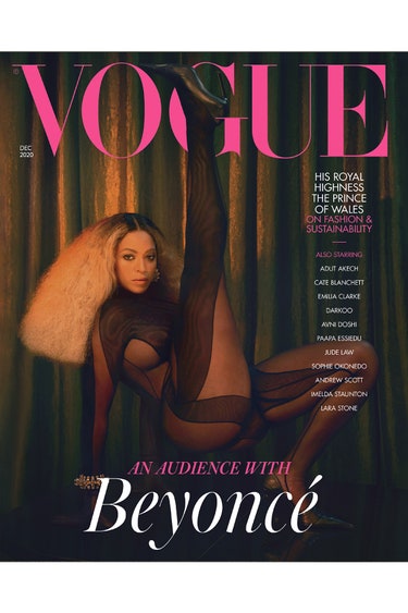 An alternative of Beyonce's British Vogue cover. In this photo, she wears a Mugler ensemble and poses with a huge blonde afro. She also does a pose with her leg up in the air. 