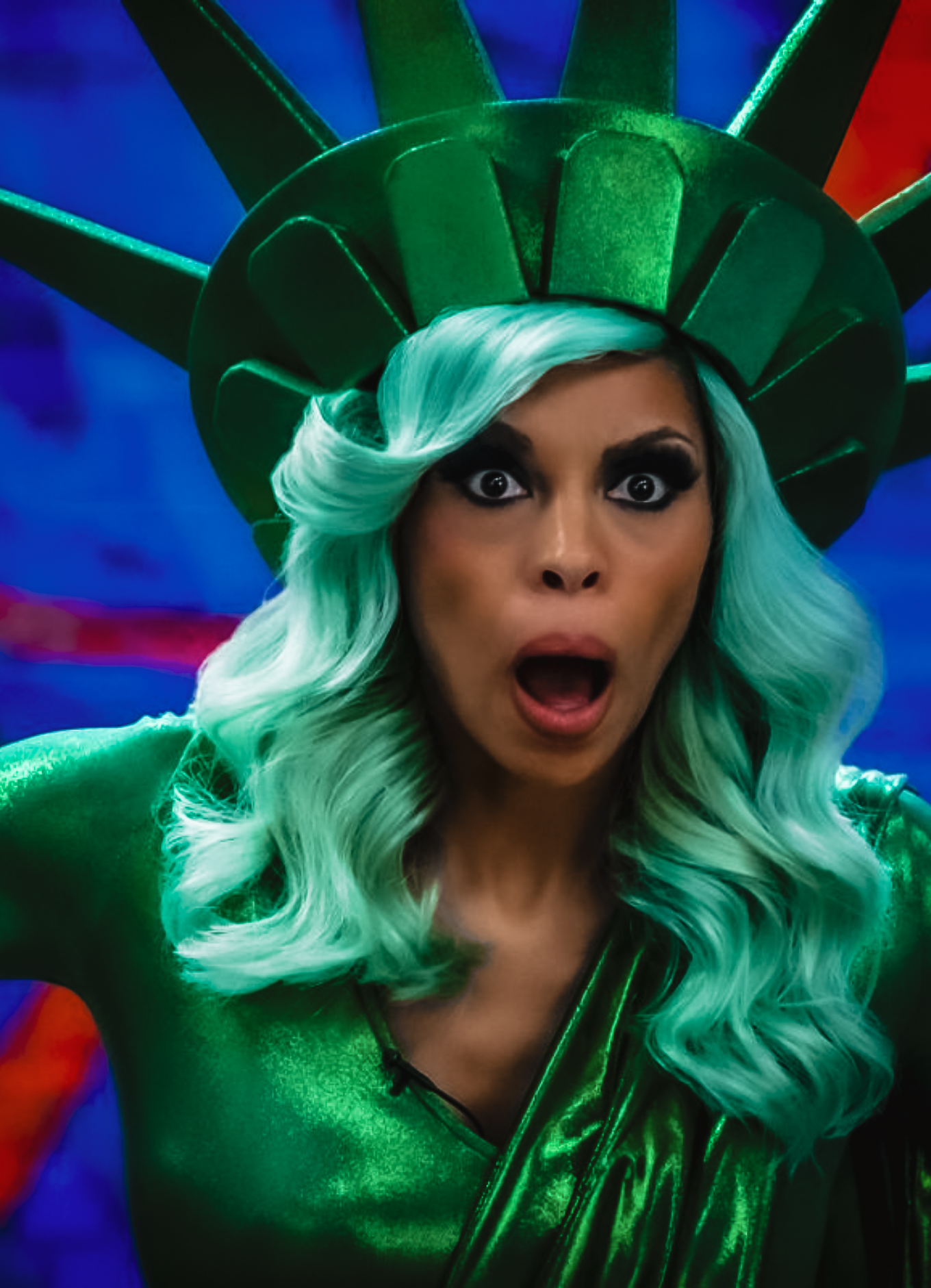 Actress Ciera Payton poses in a Statue of Liberty costume on the set of the Wendy Williams movie.