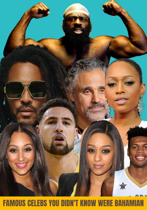 A collage of famous people who have Bahamian roots. Photo shows Lenny Kravitz, Tia and Tamera Mowry, Buddy Hield, rapper Trina, basketball legend, Rick Fox, Clay Thompson and Kimbo Slice
