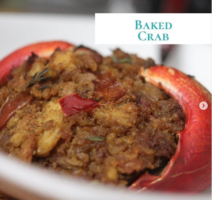 Photo of a stuffed baked crab, Bahamian cuisine. 