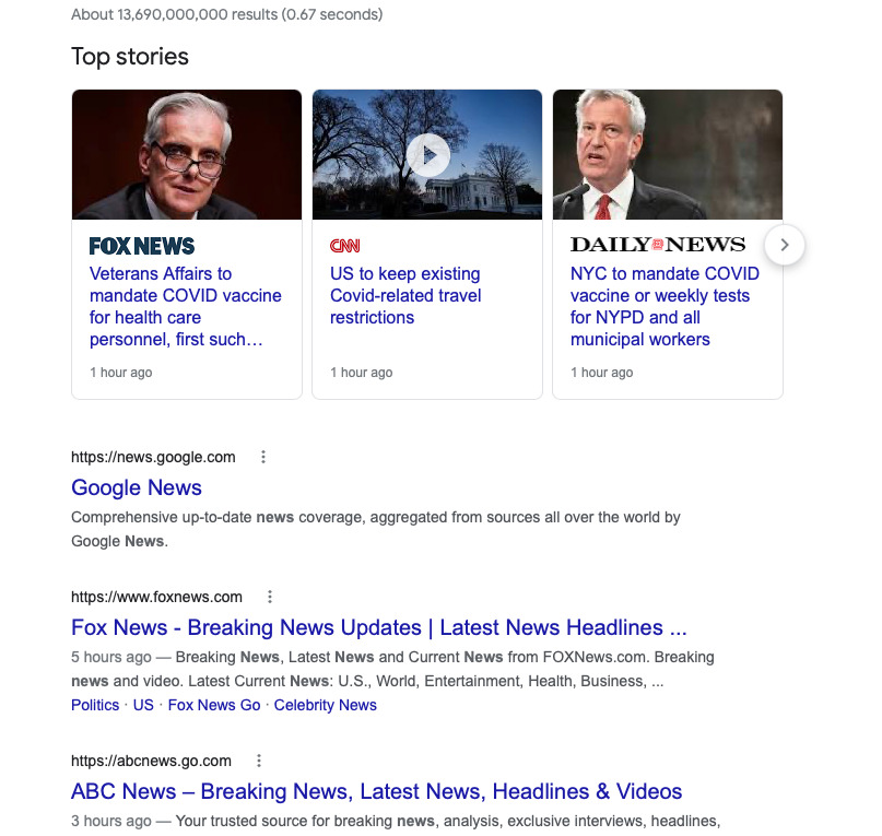 Screenshot of a Google search for the word, "news."