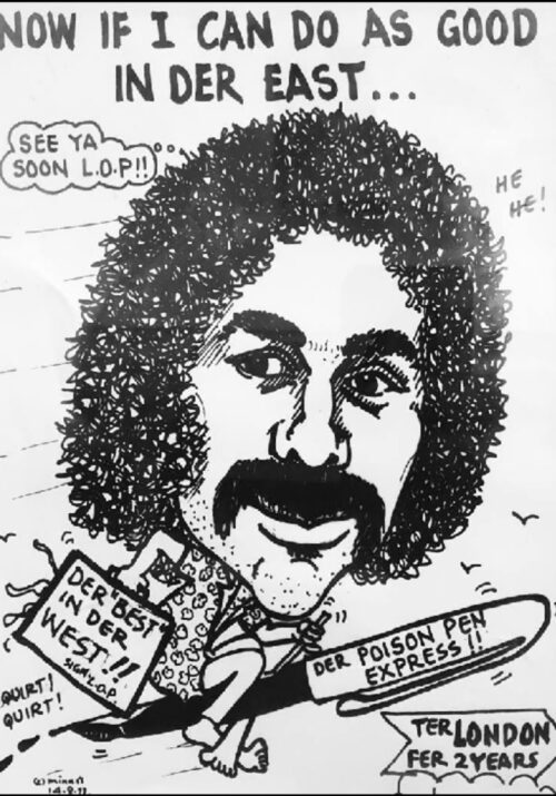 Black and white Sideburns cartoon of The Punch founder, Ivan Johnson of The Bahamas