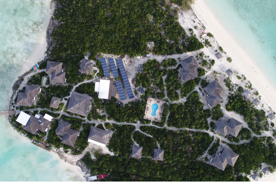 Aerial shot of the Kahari Resort on Stocking Island in Exuma, The Bahamas.