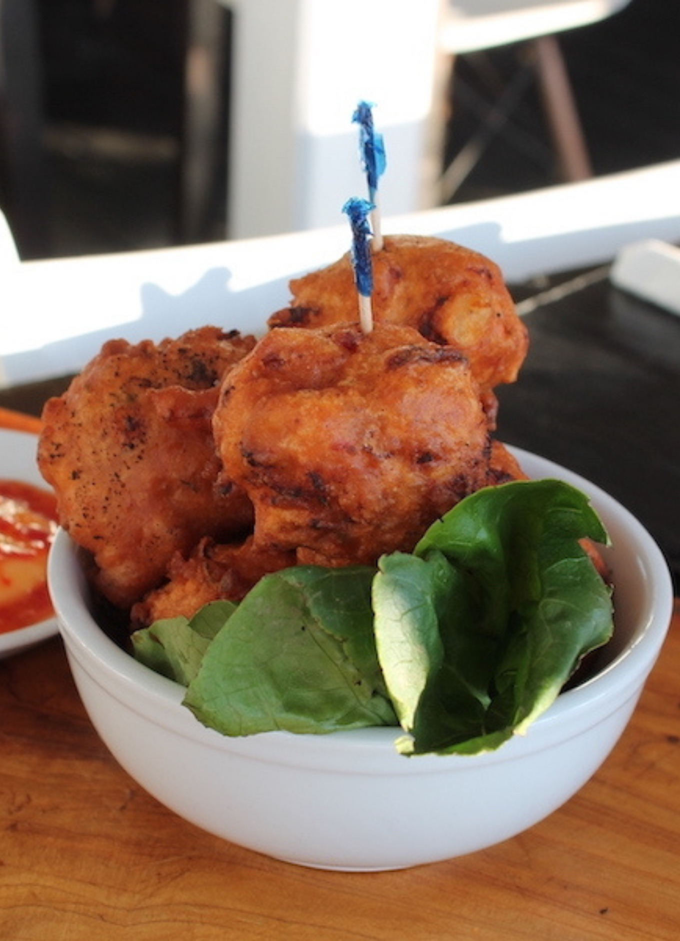 Bahamian conch fritters on display at a restaurant in Nassau, Bahamas.