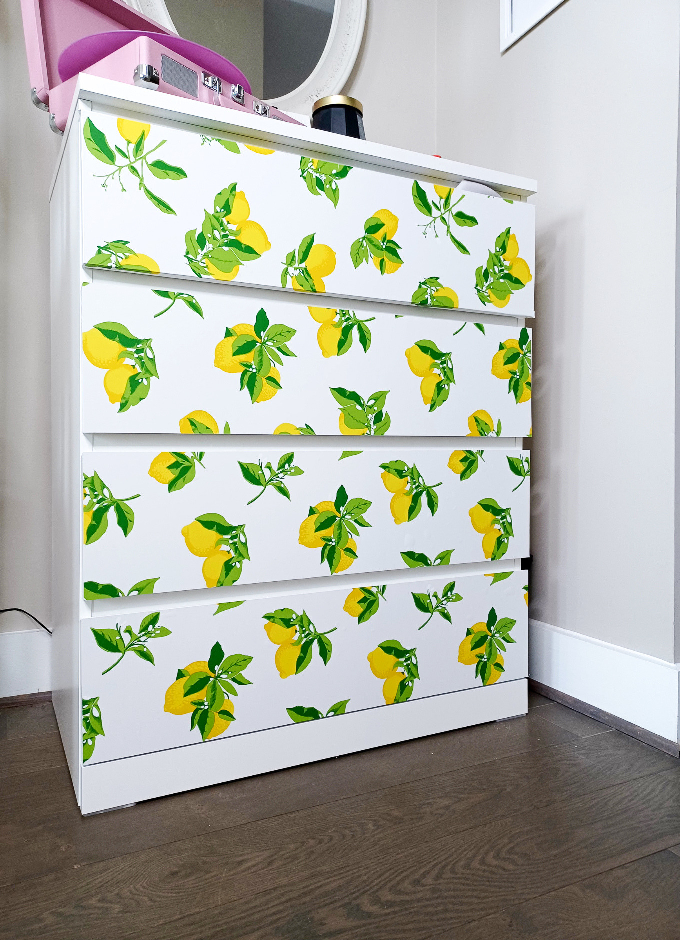 Lemon wallpaper on this Ikea Malva chest of drawers