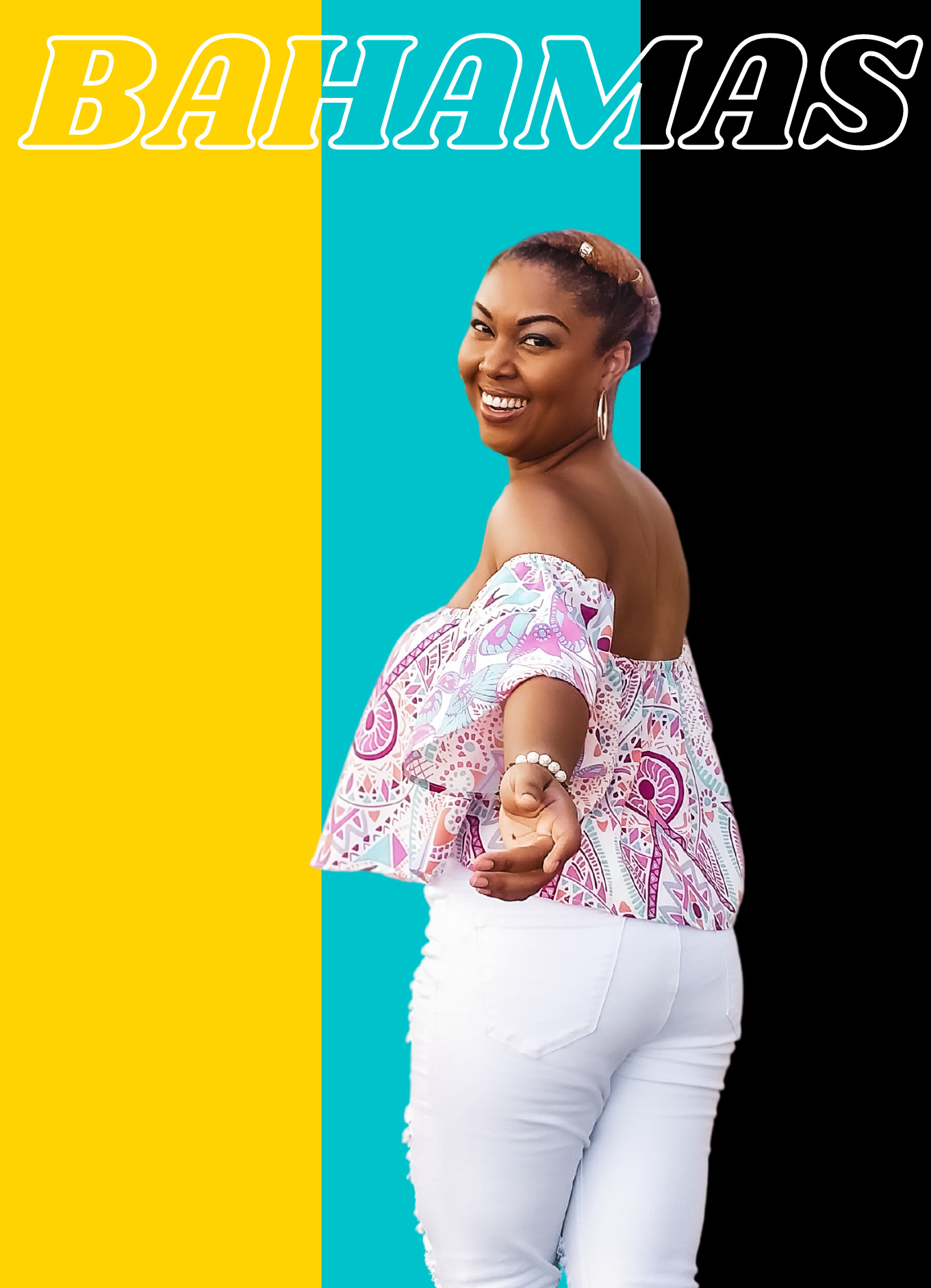 This Bahamian Gyal blogger Rogan Smith poses with the Bahamian flag colours in the back. She smiles into the camera