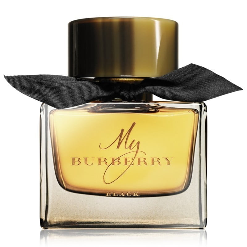 Image of My Burberry Black perfume for women. Amber coloured liquid inside of a glass bottle with a black ribbon tied around the neck's bottle.