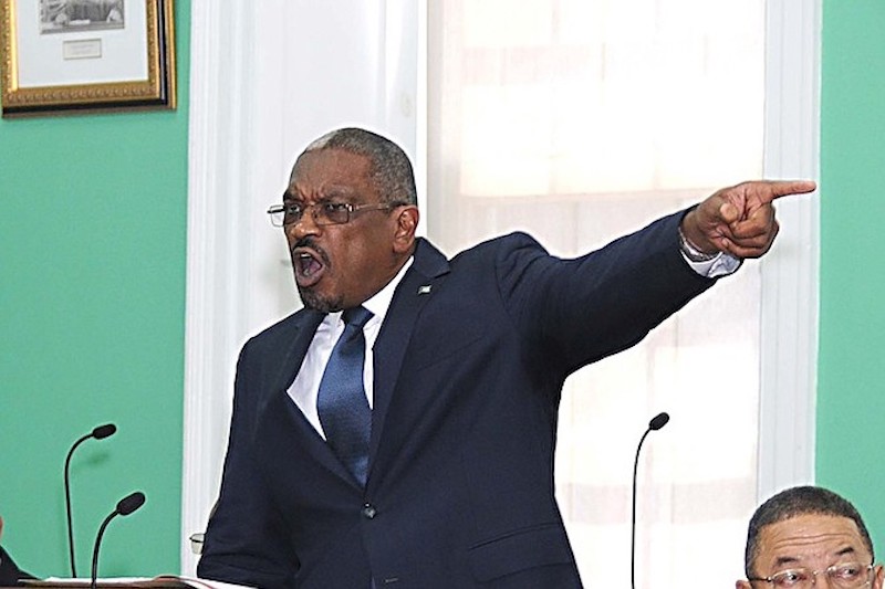 Image of Bahamas Prime Minister, Dr. Hubert Minnis pointing his finger in a session of Parliament