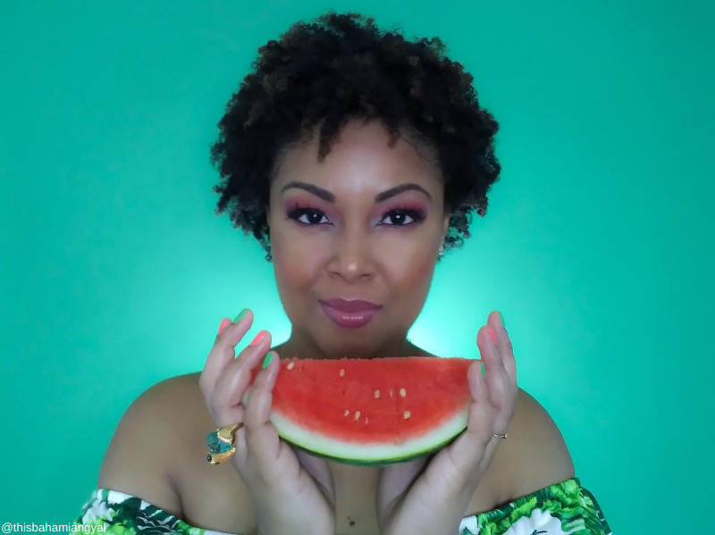This Bahamian Gyal blogger, Rogan Smith shows up a slice of watermelon. Peep the watermelon-coloured nails, which add a serious pop of colour to the overall look. 