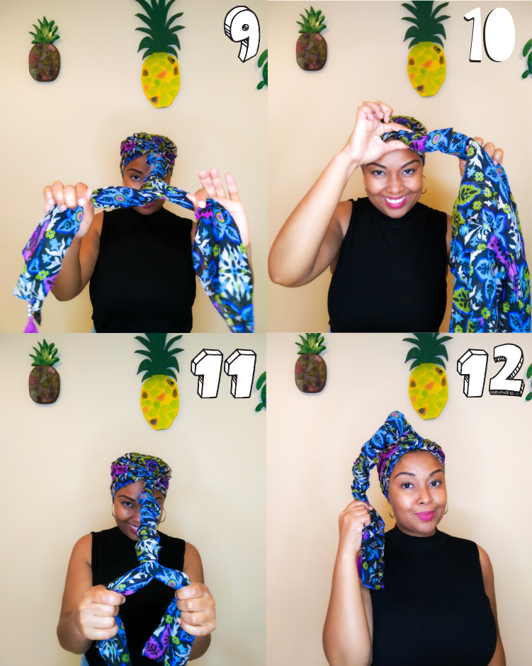 Images show how to tie a headscarf.
