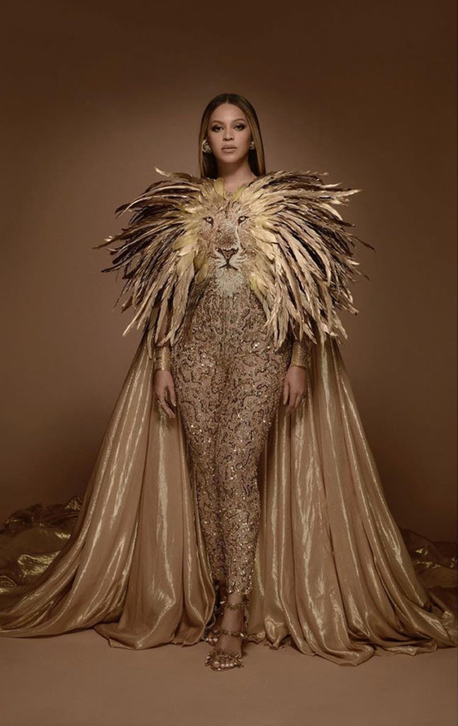 Singer, Beyonce wears a gold Lion head jumpsuit for the Wearable Art Gala. 