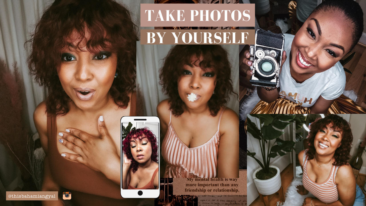 A collage of images showing a black female blogger posing for photos for Instagram