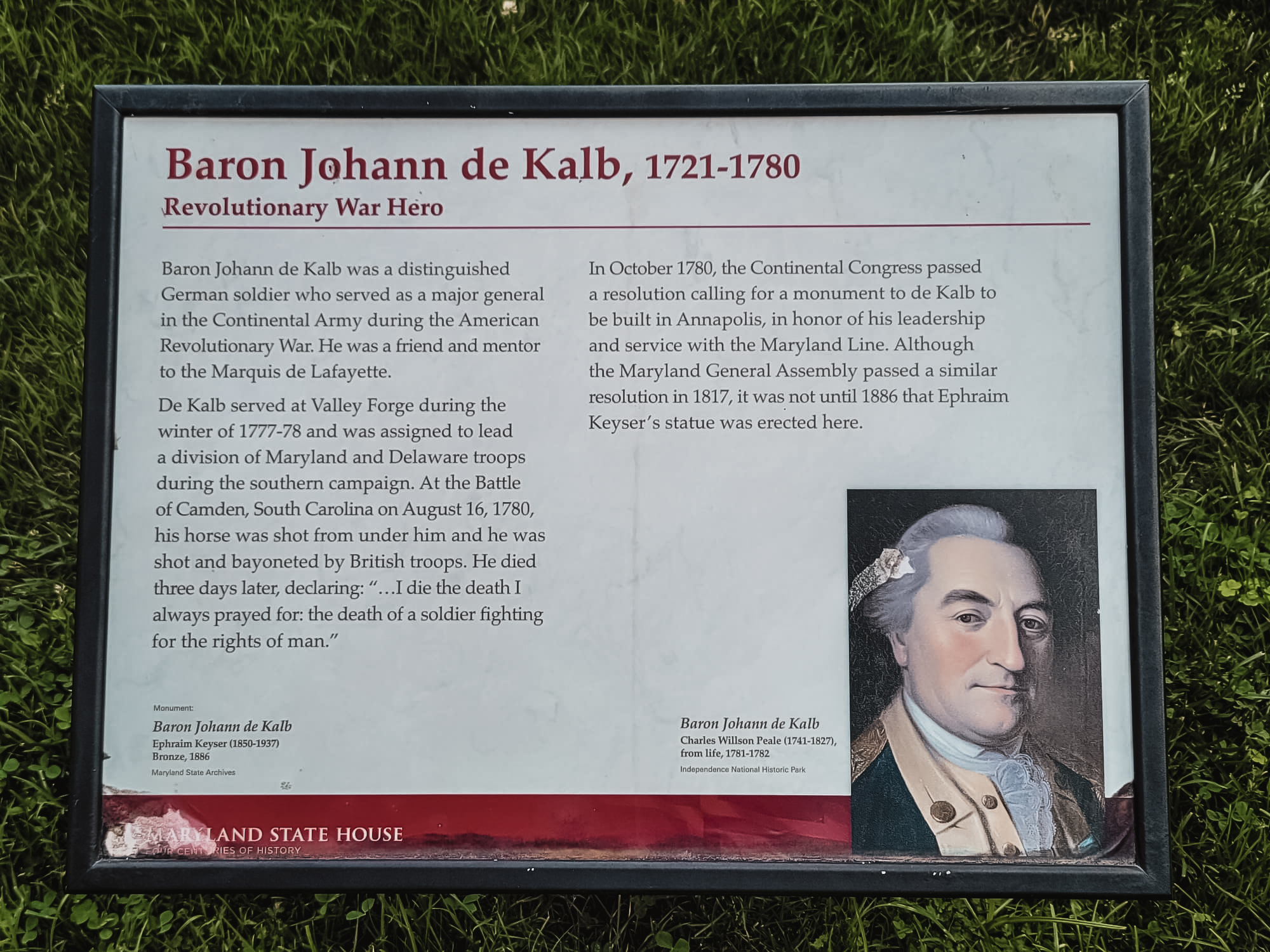 Plaque of Johann de Kalb in Annapolis Maryland