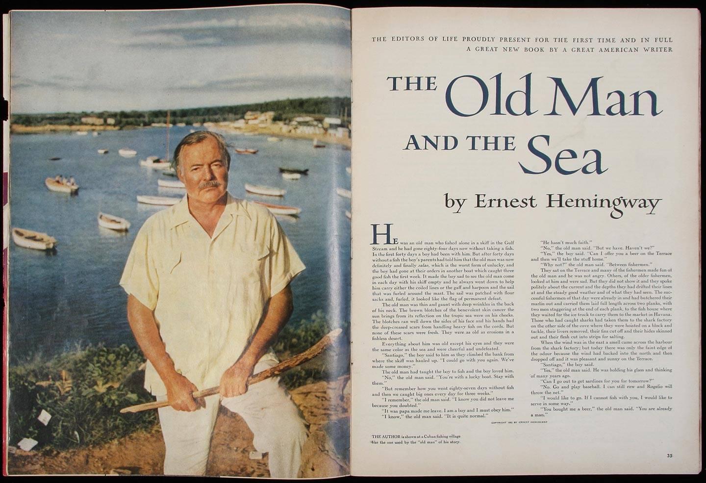 American novelist, Ernest Hemingway is shown left. To the right, the opening page of his Pulitzer Prize-winning novel, The Old Man and the Sea, which was inspired by Bimini, Bahamas