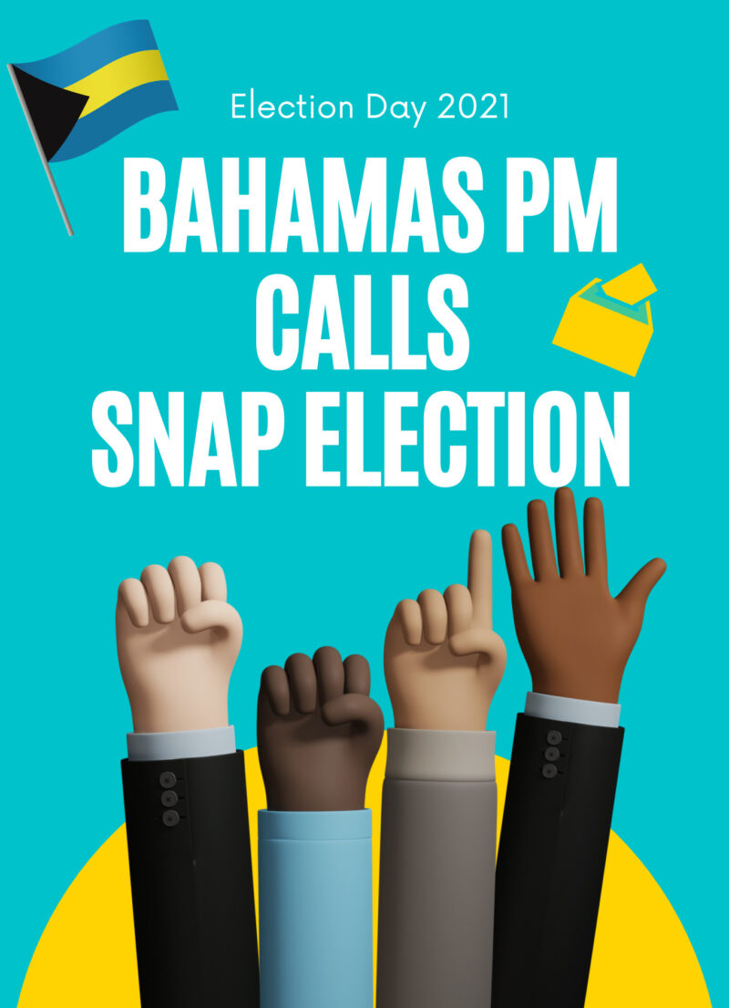 Illustration of four hands being raised and the words, Bahamas PM Calls Snap Election are in the background