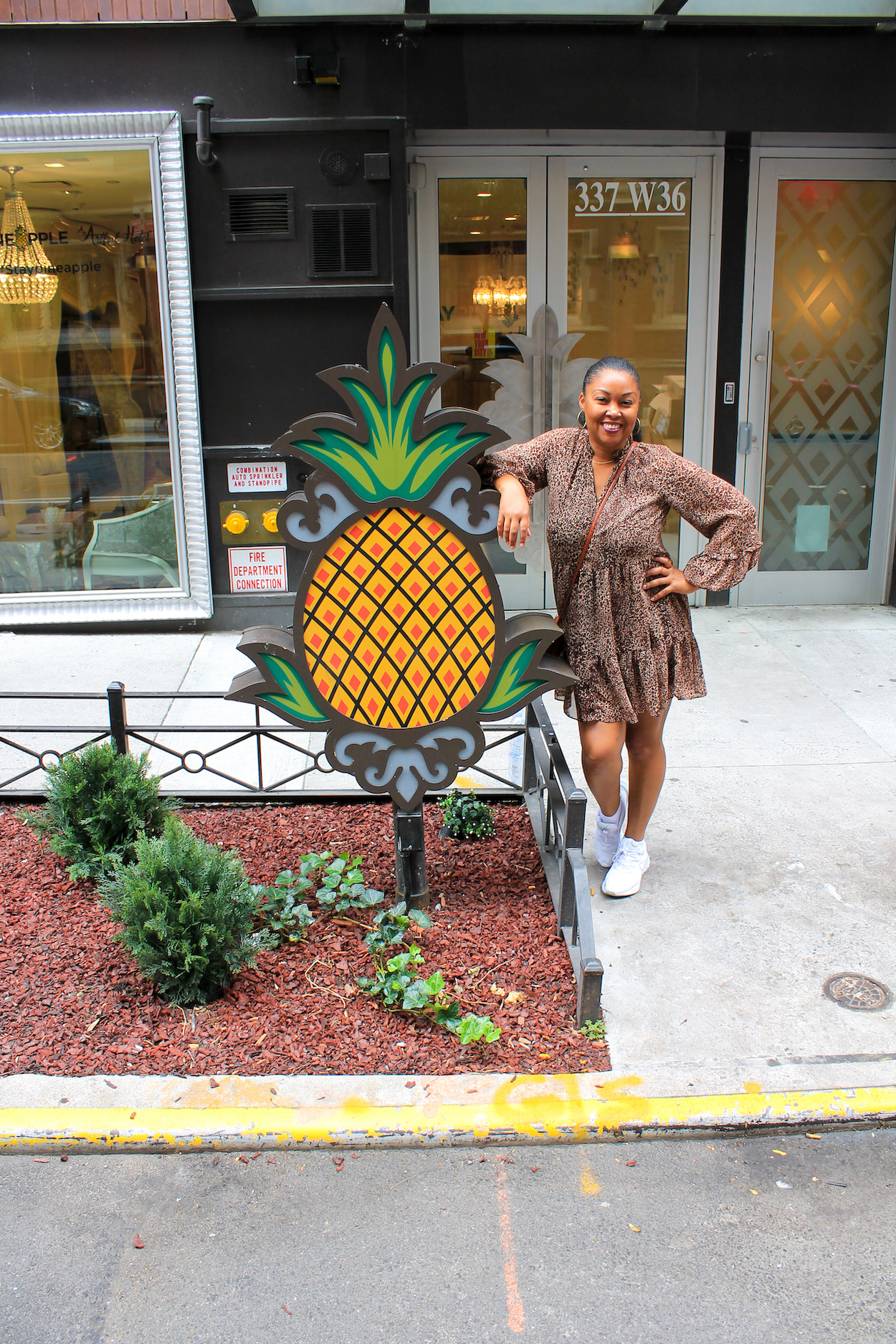 This Bahamian Gyal blogger Rogan Smith poses in front of the StayPineapple Hotel in New York City