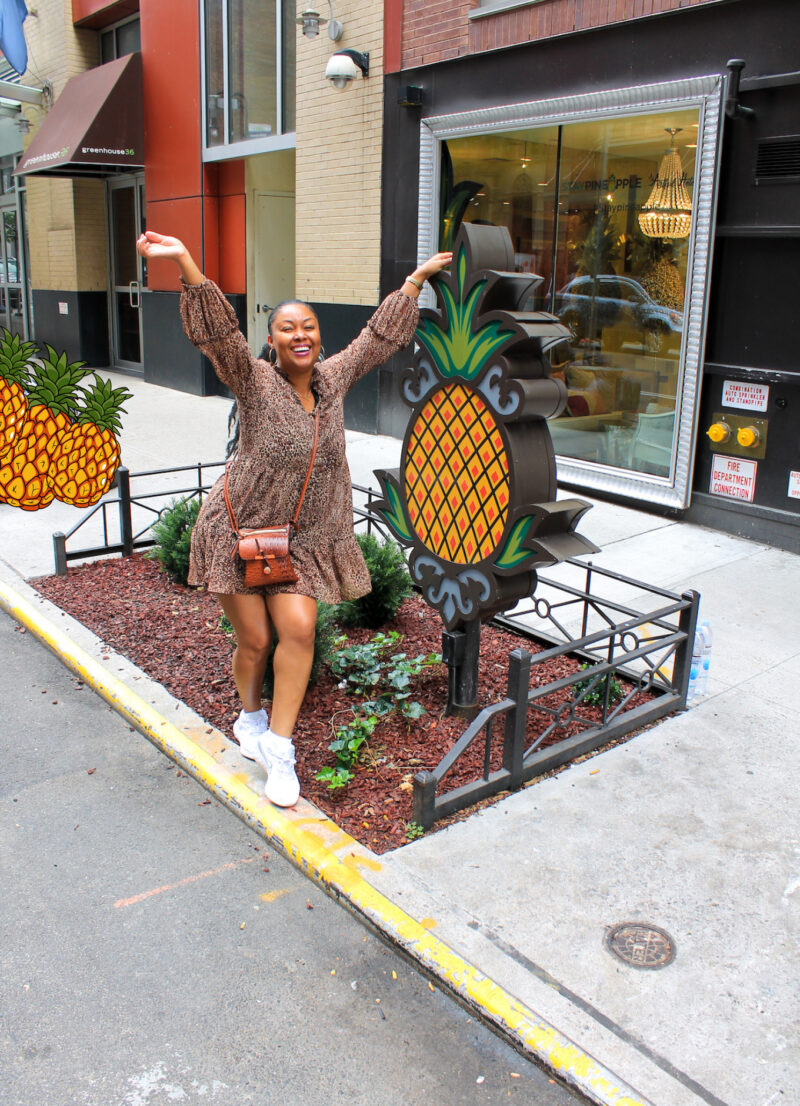 This Bahamian Gyal blogger Rogan Smith poses in front of the entrance to StayPineapple in New York City
