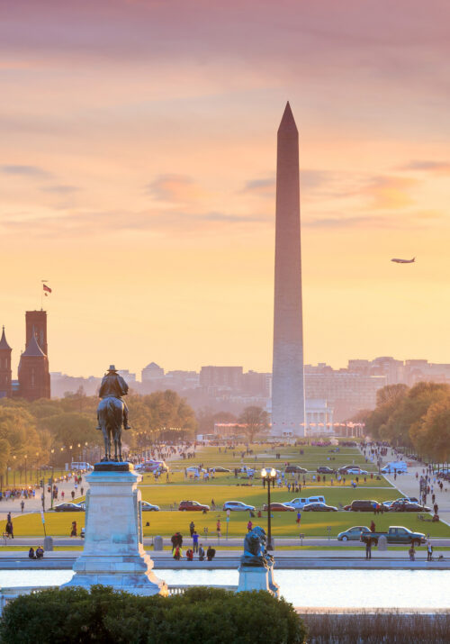 Sunset view of the Washington Monument in Washington DC