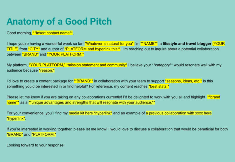 Green and yellow Google slide of a sample brand pitch email.
