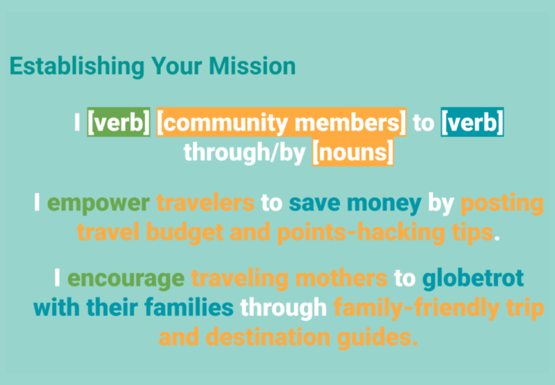 A sample Google slide that shows examples of good mission statements for an active blog.