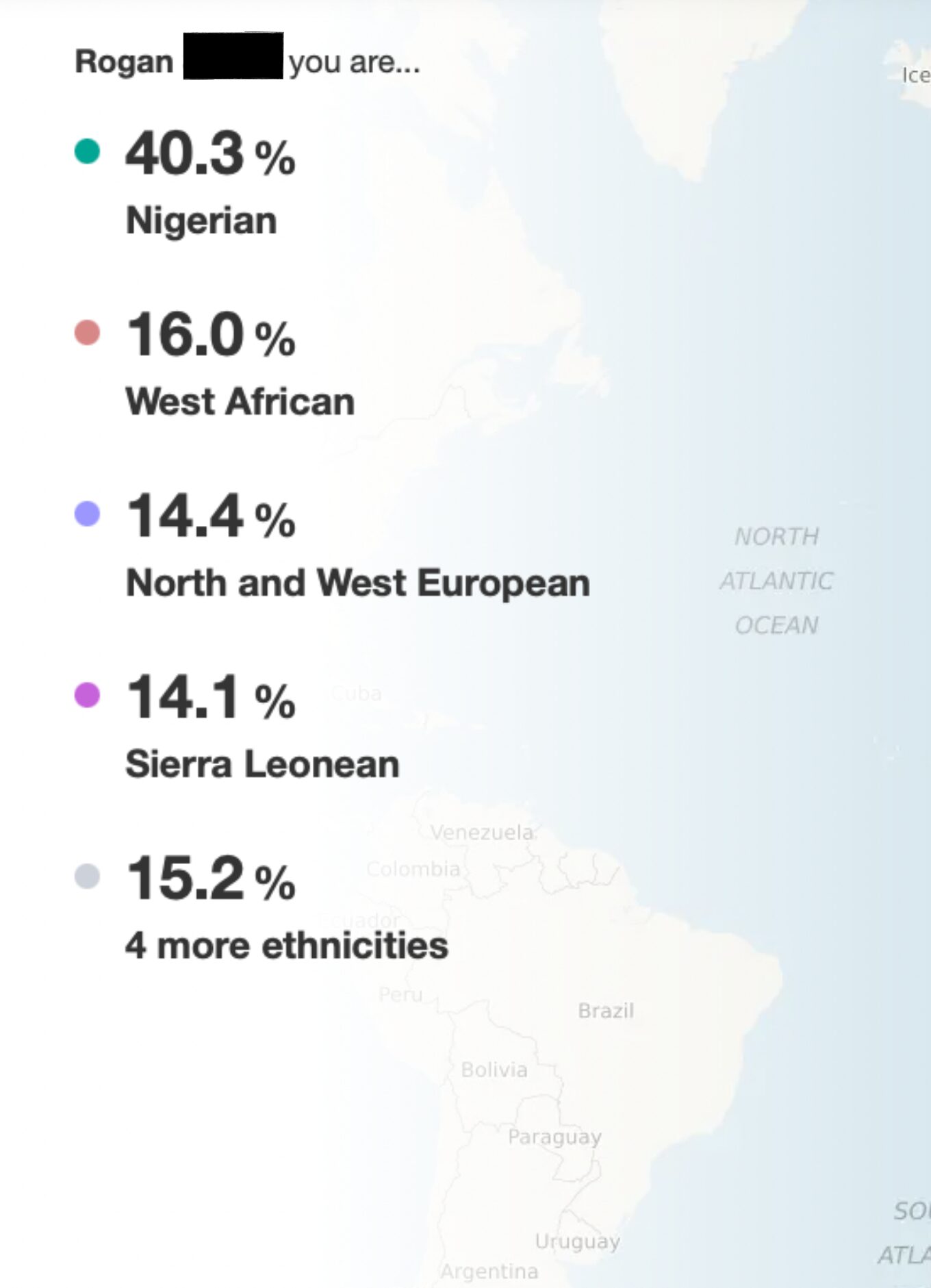 The breakdown of This Bahamian Gyal blogger, Rogan's MyHeritage DNA test.