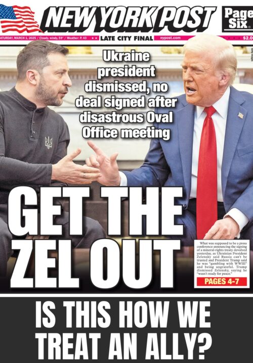 This image shows the front page of the New York Post with Donald Trump and Volodymyr Zelensky