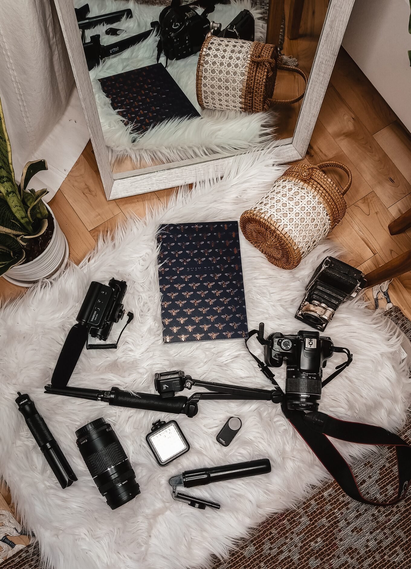 A YouTube channel business requires a lot of equipment. A camera and equipment are shown on a flat lay on the floor