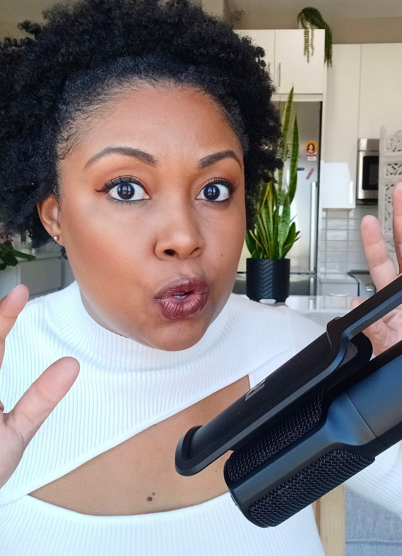 Illustration of This Bahamian Gyal blogger, Rogan speaking into microphone and showing how strong YouTube storytelling keeps viewers engaged and watching longer.